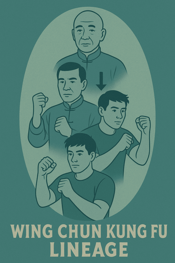 Illustration showing the Wing Chun lineage, featuring a vertical progression of four martial artists in traditional and modern stances, symbolizing the transmission of Wing Chun Kung Fu through generations.