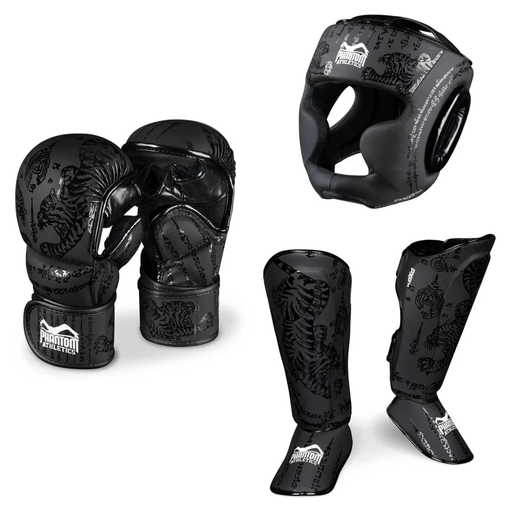 Dai Shu Wing Chun Training Gear - MMA style gloves, shin guards, and a head guard 
